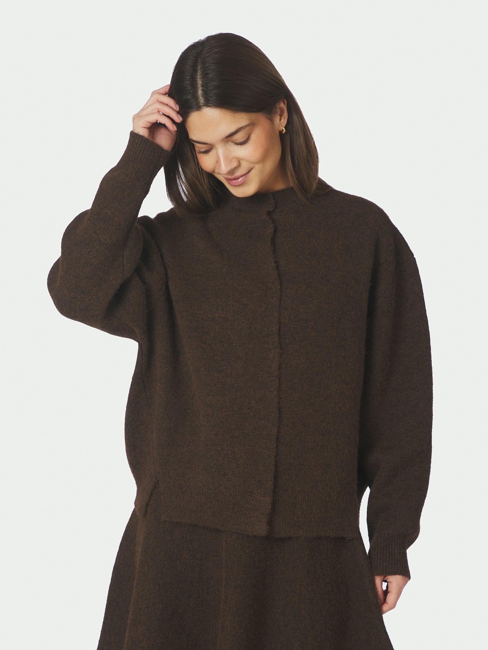 Dione Fluffy Knit Cardigan – BROWN MELANGE