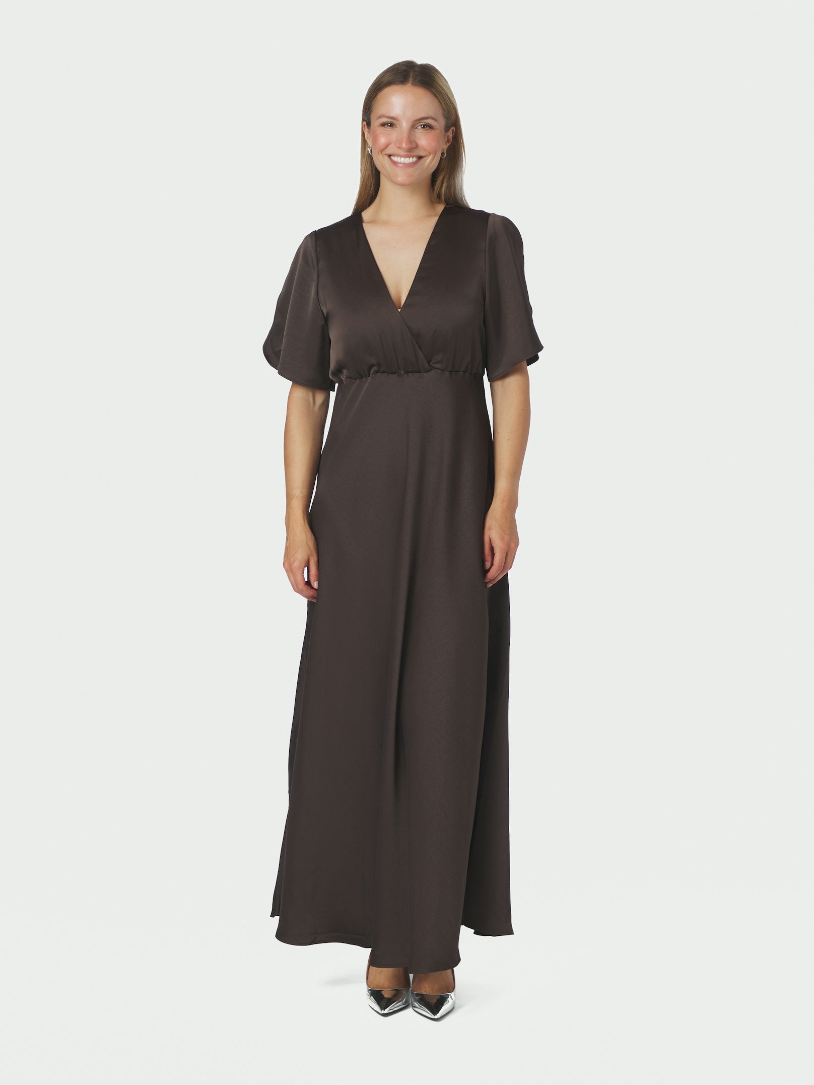 ZELINA HEAVY SATEEN DRESS 676 DARK BROWN