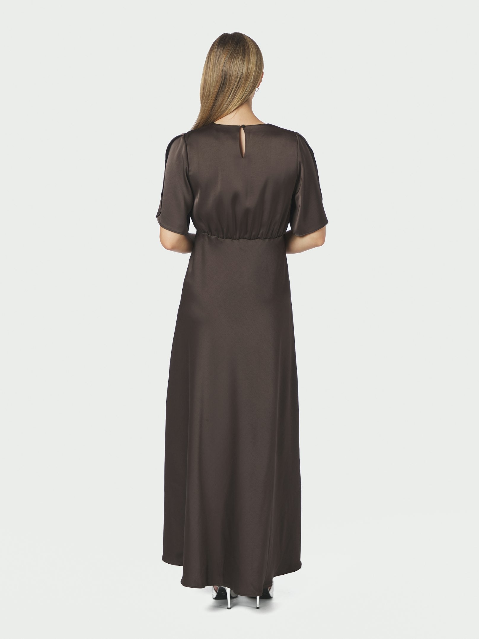 ZELINA HEAVY SATEEN DRESS 676 DARK BROWN