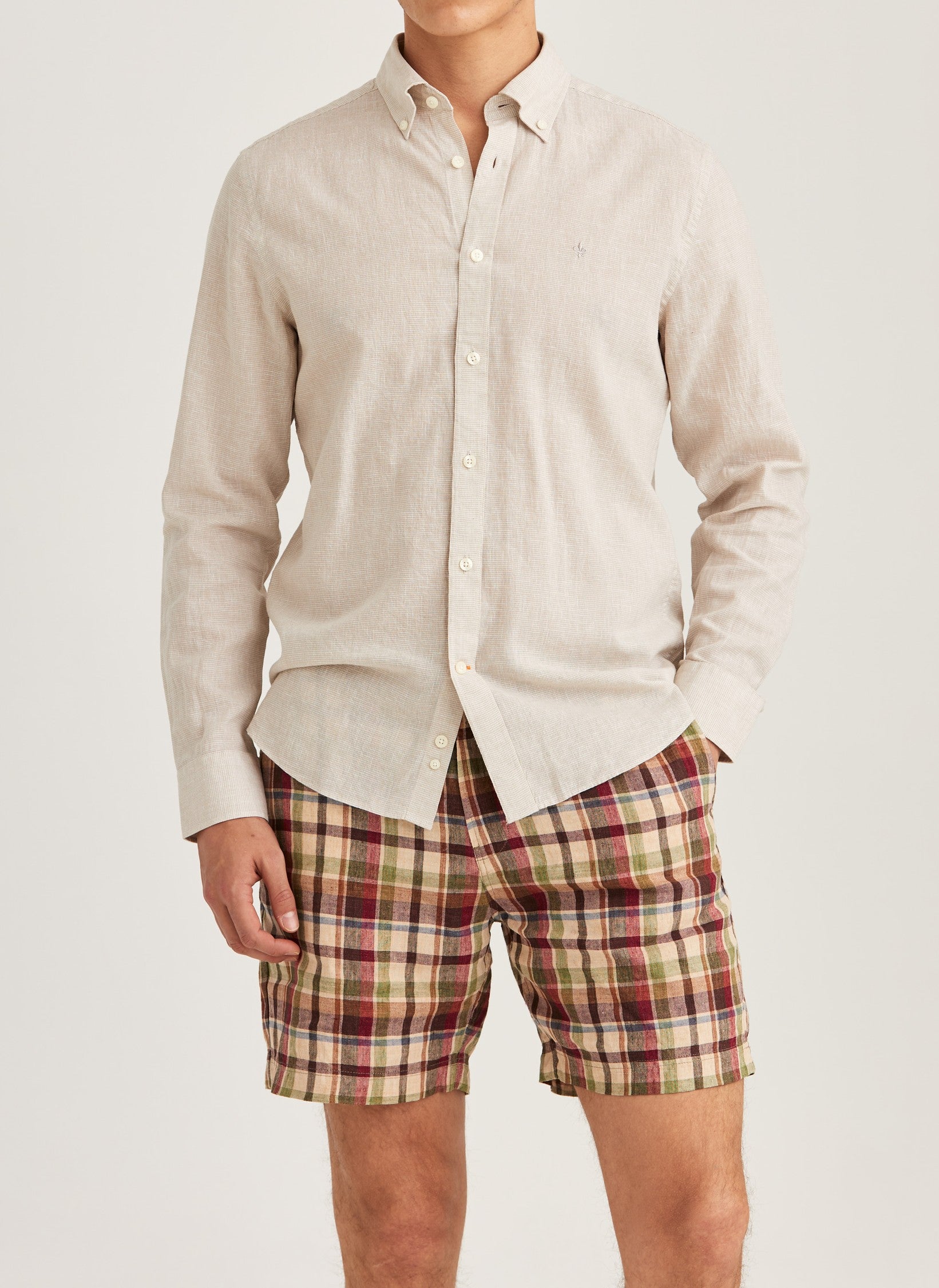 LINEN DRESSED CHECK SHIRT-SLIM FIT KHAKI