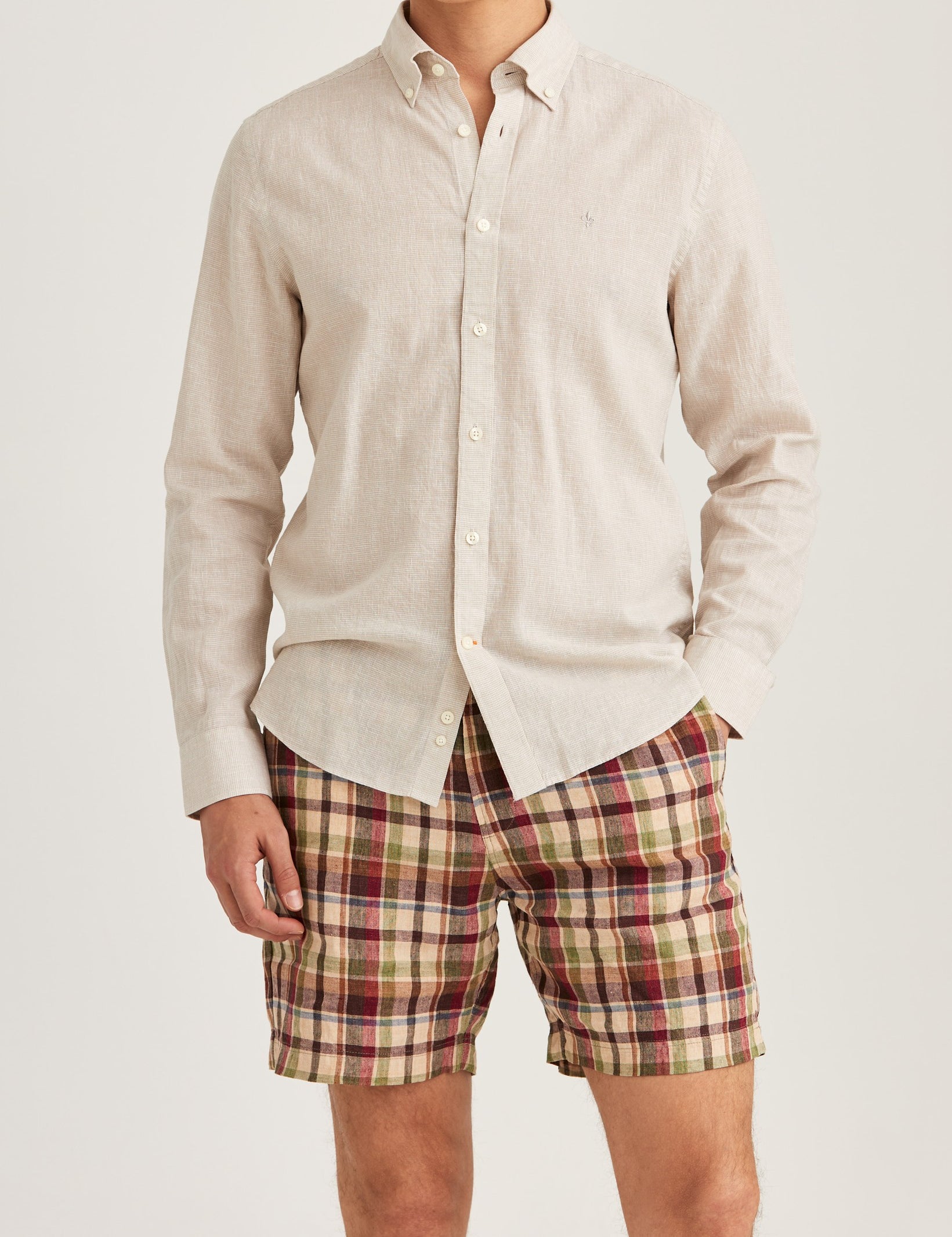 LINEN DRESSED CHECK SHIRT-SLIM FIT KHAKI