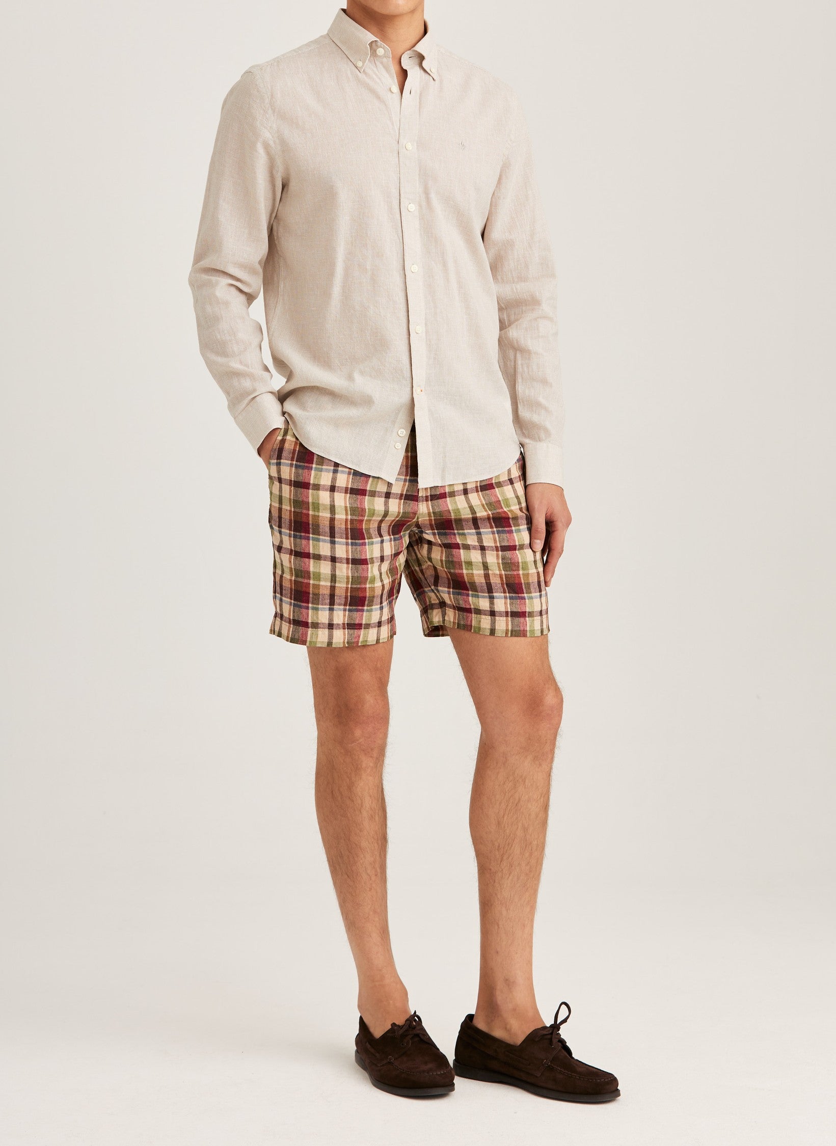 LINEN DRESSED CHECK SHIRT-SLIM FIT KHAKI