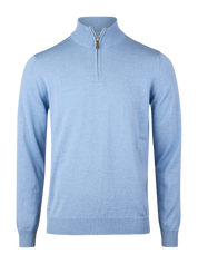 SWEATER KNITTED HALF ZIP MERINO WOOL LIGHT BLUE