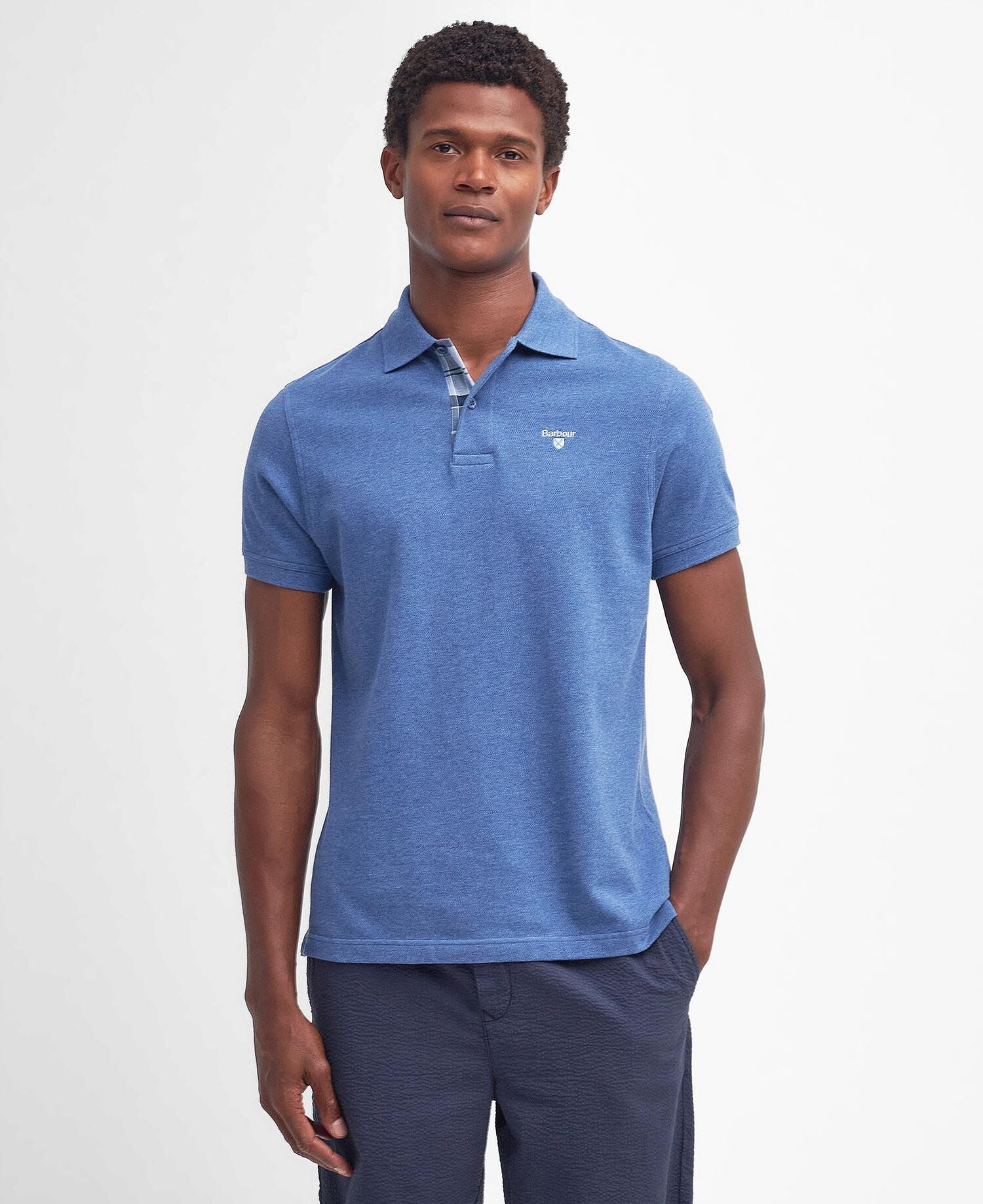 Barbour Tartan Pique Polo Shirt Dark Chambray Marl